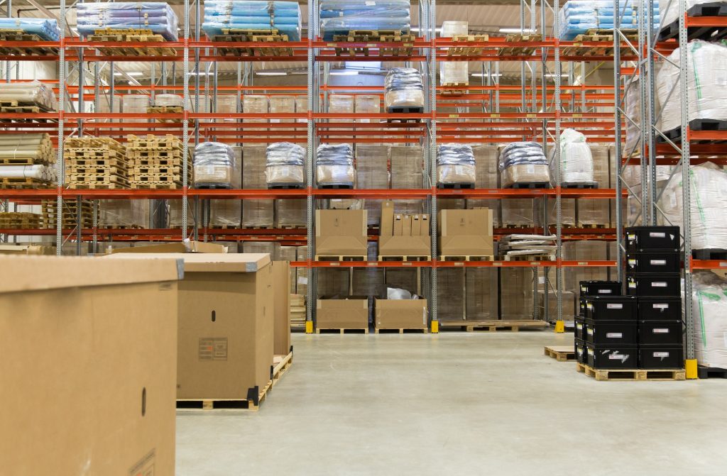 cargo boxes storing at warehouse shelves